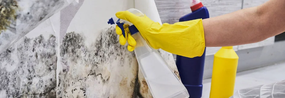 Person reinigt Schimmel mit Sprühflasche